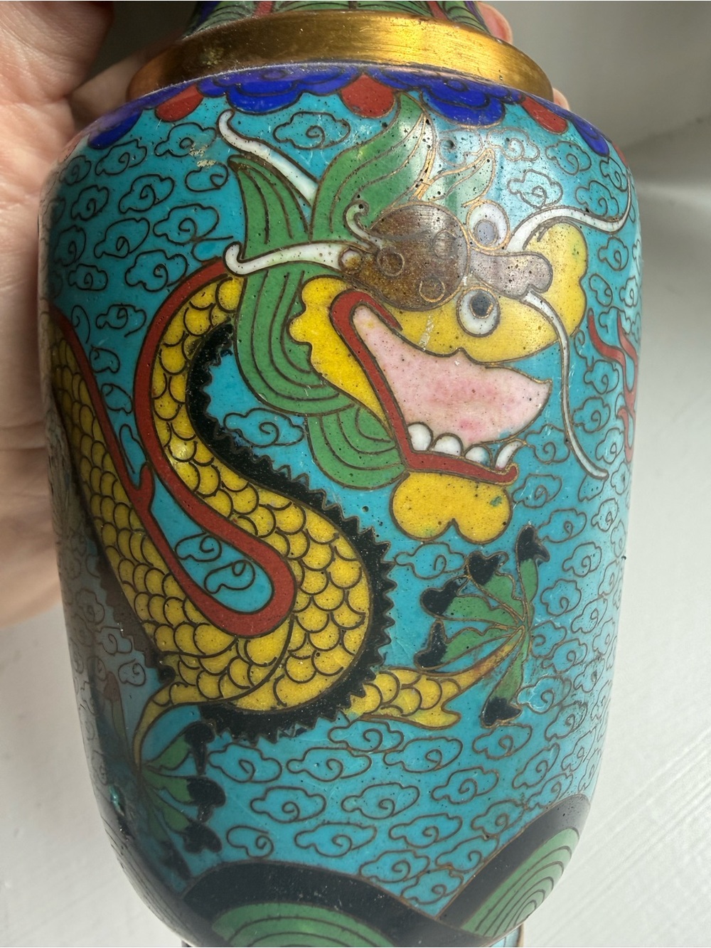 Vintage Turquoise, Yellow and Green Dragon Cloisonné Vase